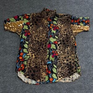 Venezia Vitale Button Up Shirt Womens 14/16 Brown Leopard Fruit Cotton Vintage